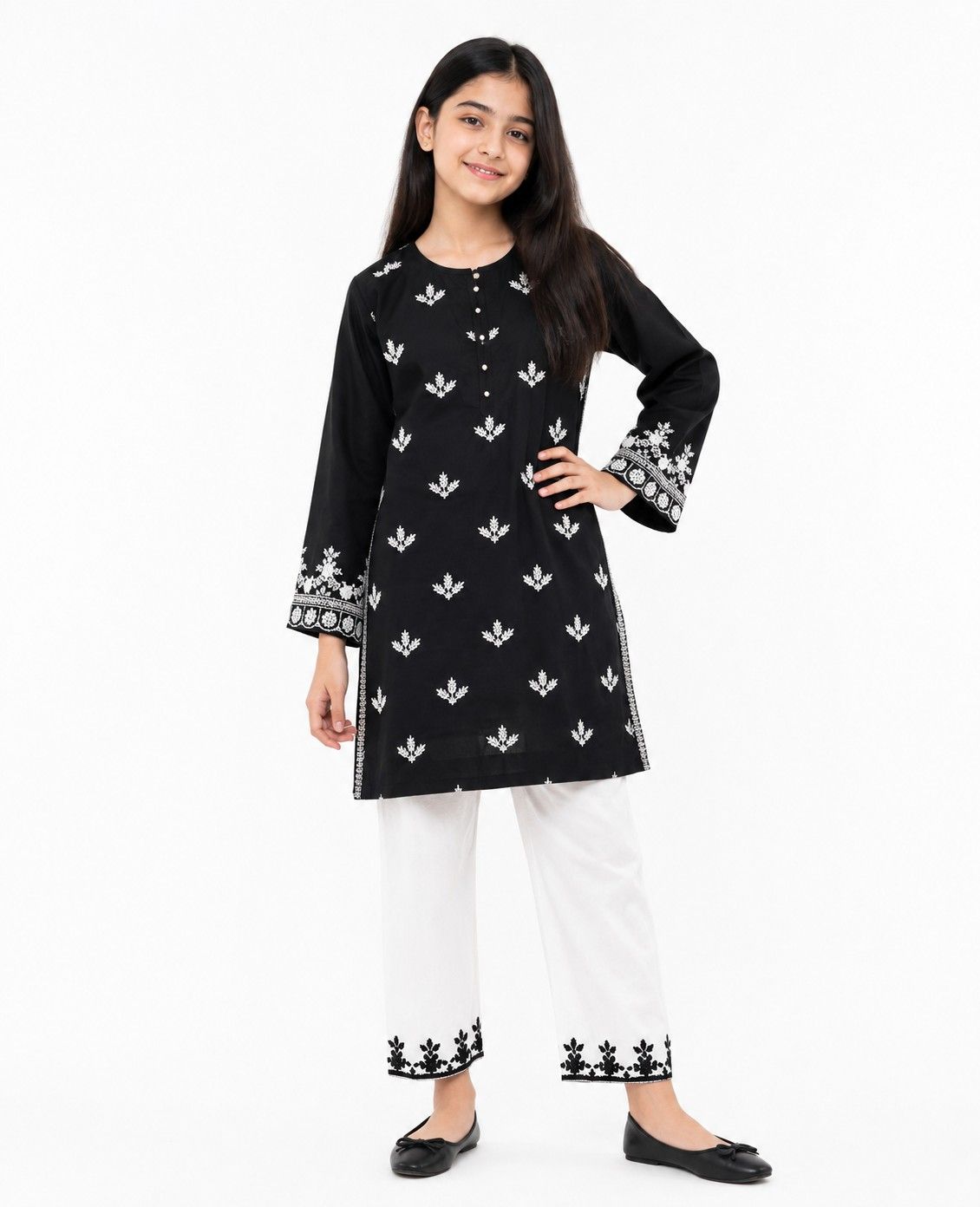 Royal Festive Embroidery Cotton Kurta & Trouser - Black & White