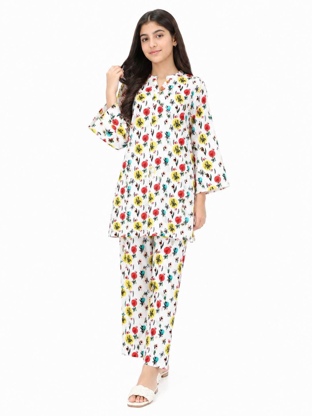 Kids Floral Printed Cotton - 2-Piece Pajama Set -white