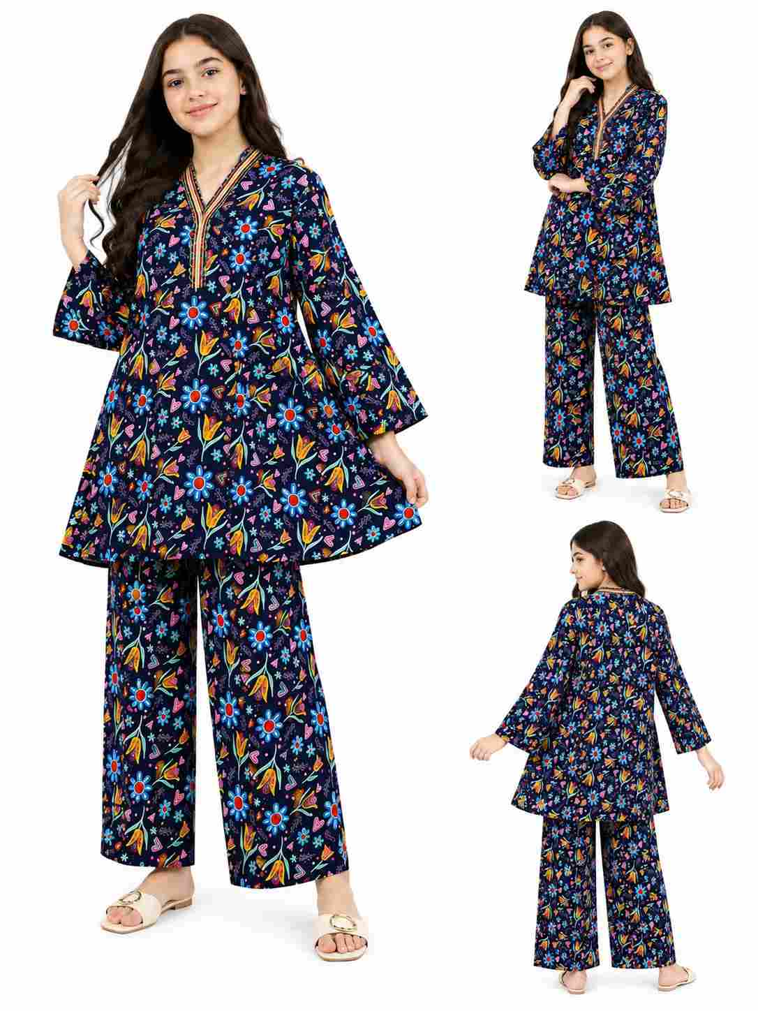 Blue Flowers Printed Cotton - Frock & Flapper Trouser - Navy Blue