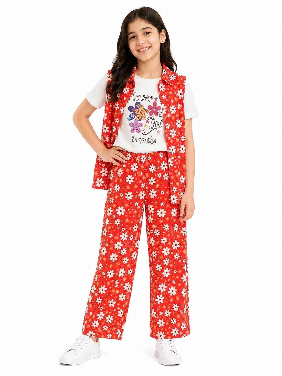 Red & Blooming Flower Girl 3 Pc Cotton Suit Flapper Trouser - Red