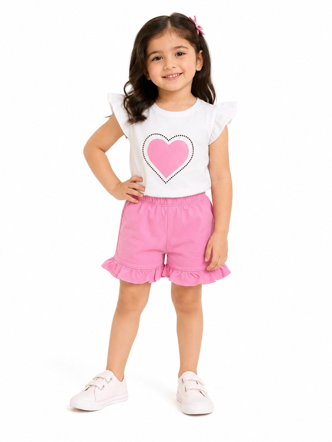 Pink Black Doted Heart Tee With Short - White & Pink