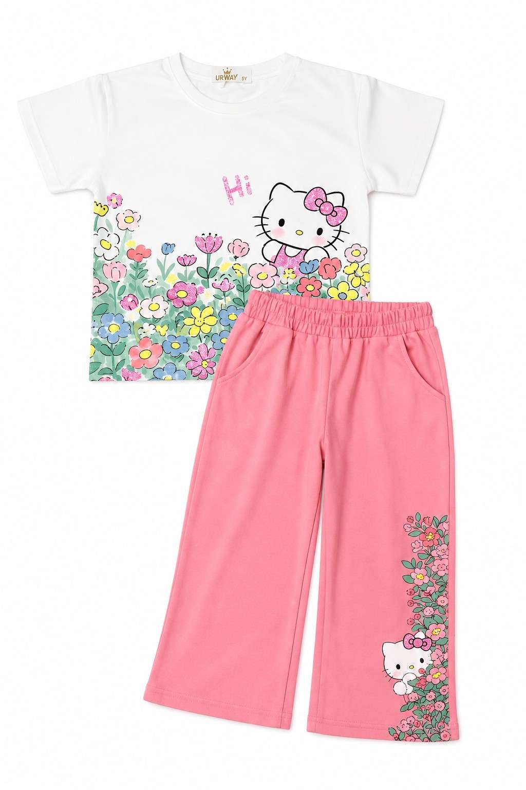 Cute Hello Kitty Floral Outfit Set - White & Pink