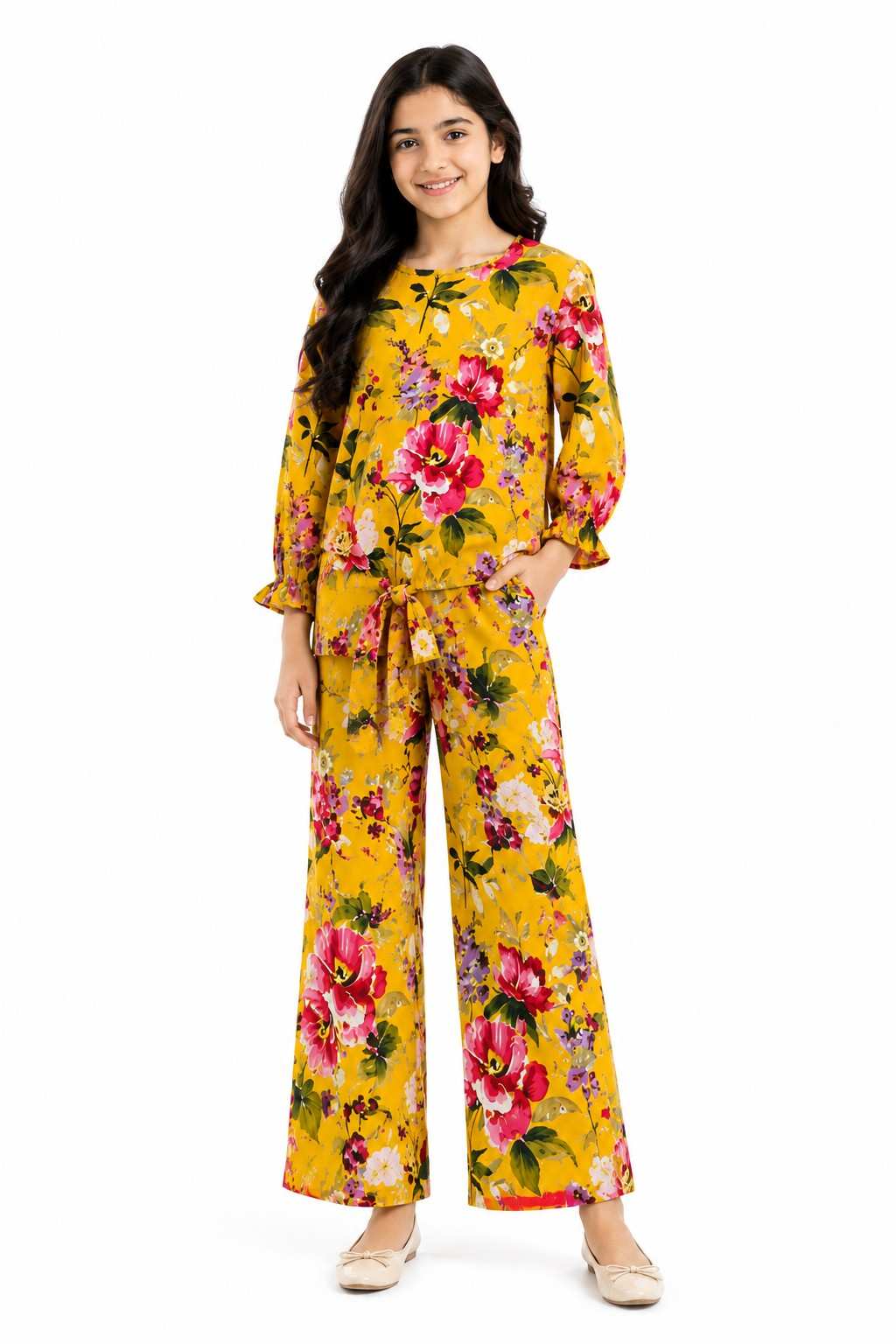 Large Flowers Printed Top & Flapper Trouser - Yellow