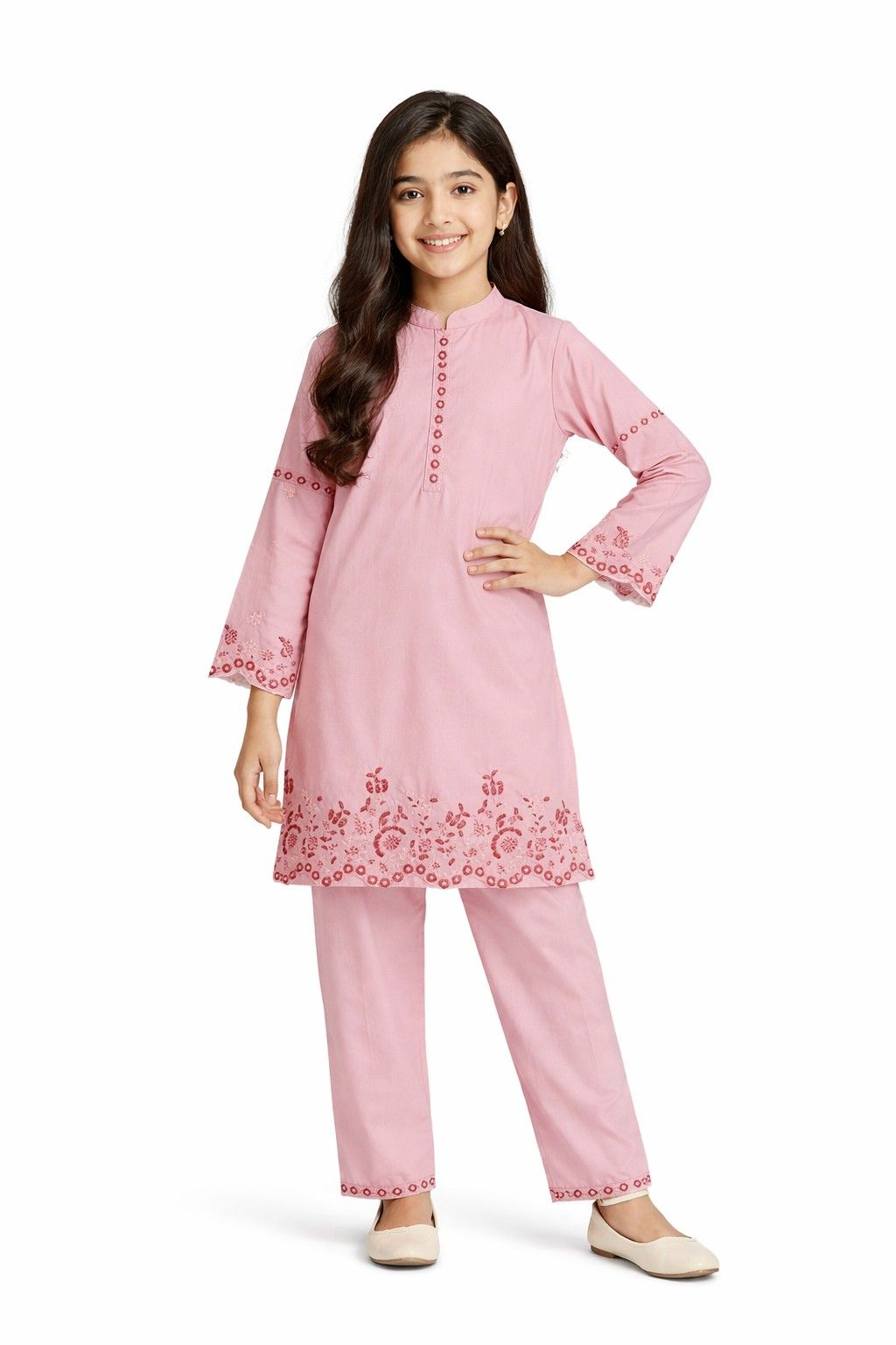 Graceful Festive Embroidery Cotton Kurta &amp; Trouser – Peach