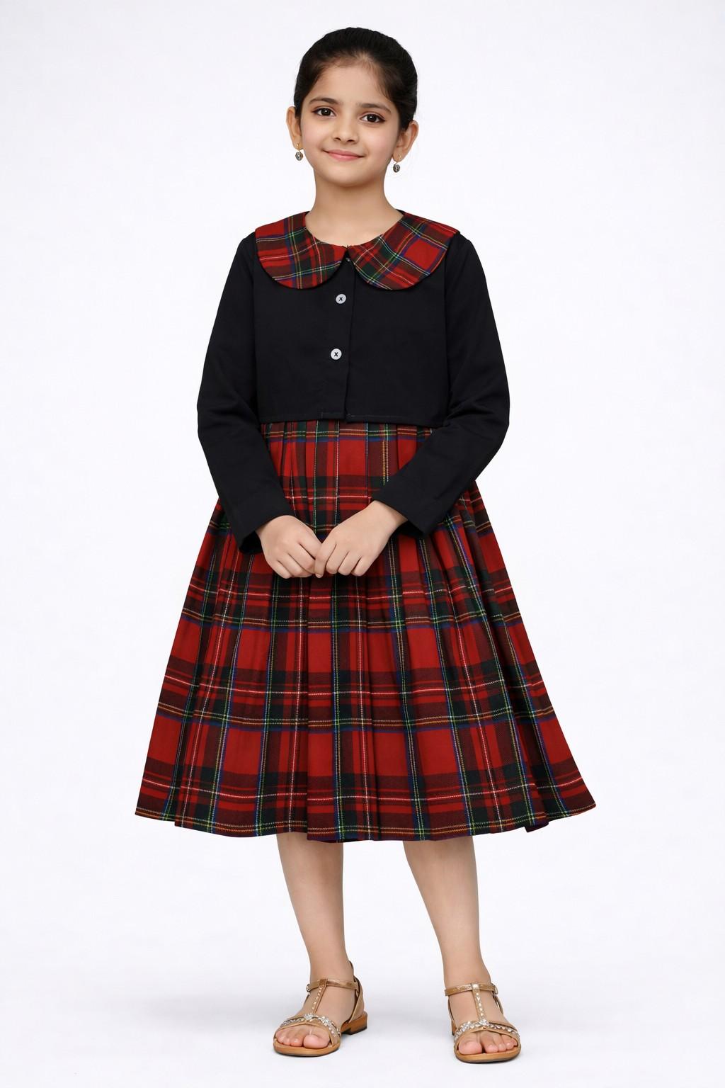 Red Checked Stylish Coller Top And Frock - Black & Red