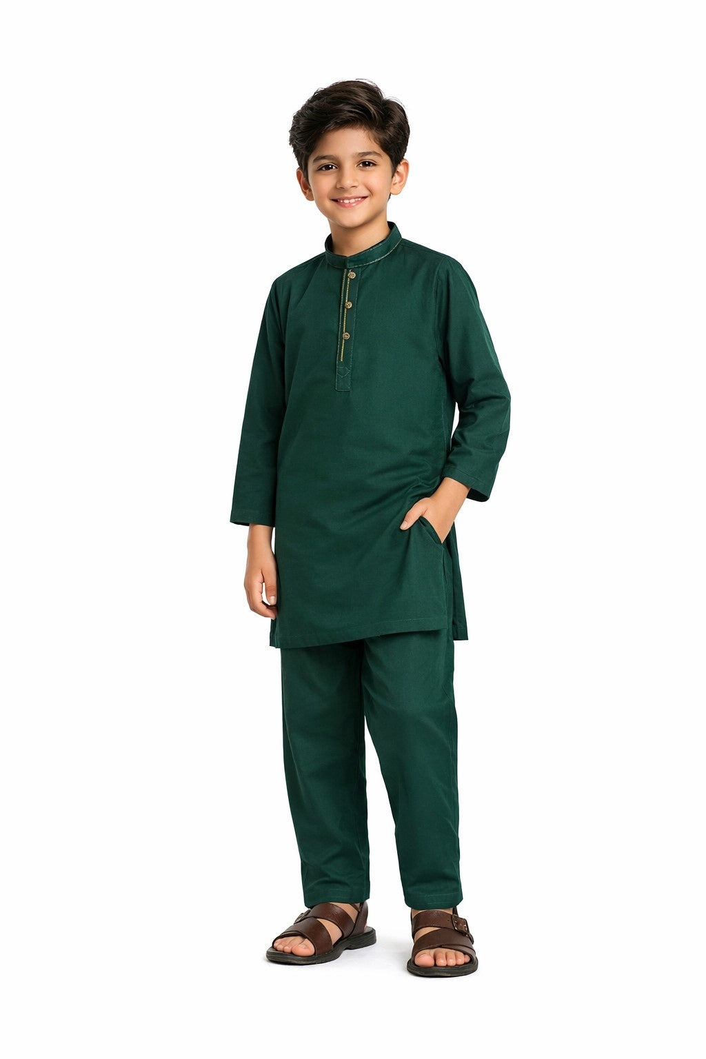 Modern Classic Textured Kurta &amp; Trouser Set – Dark Green