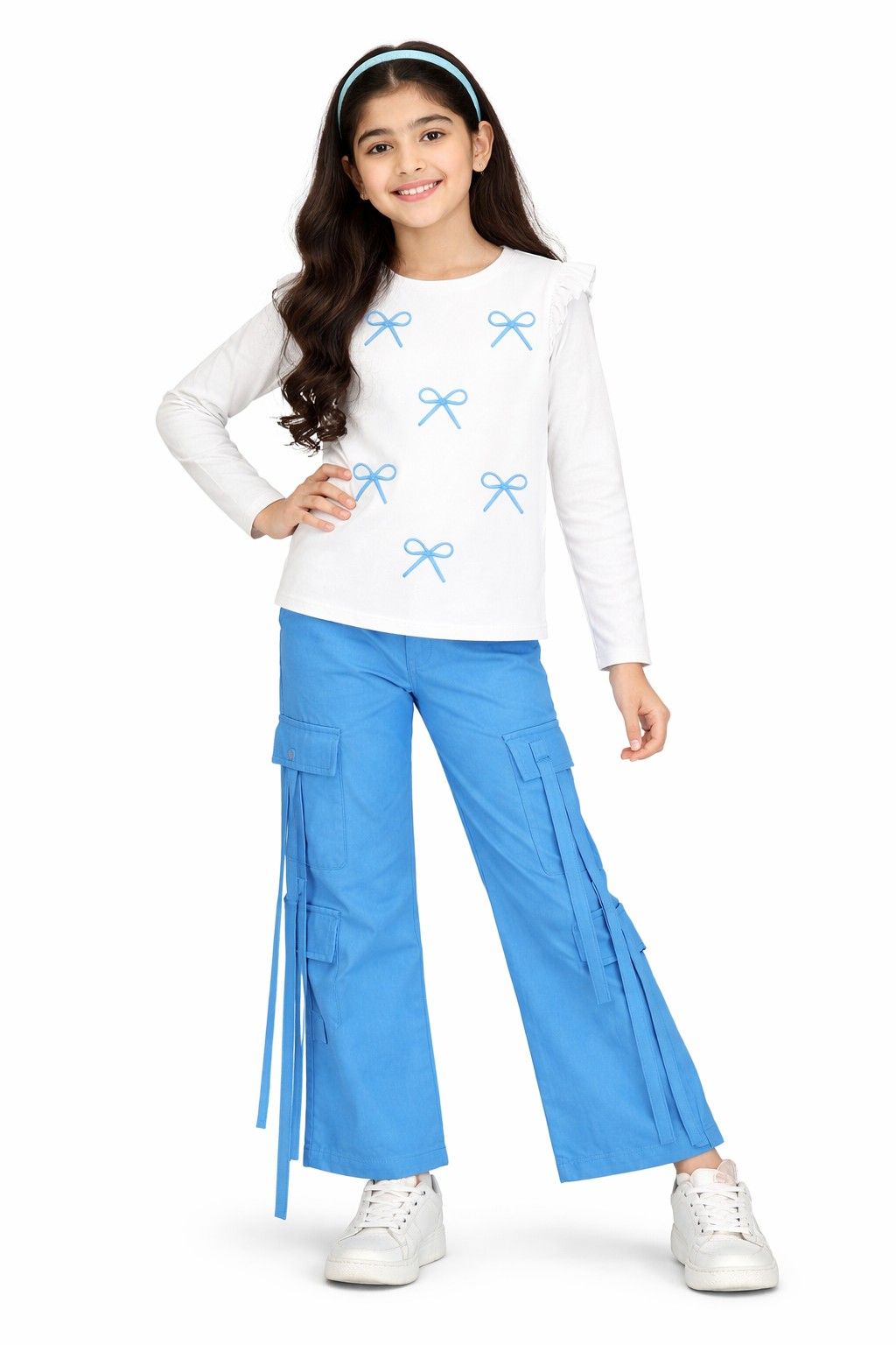 Little Blue Ribbons  Bow Full sleeves Tee &amp; Cargo Terry Trouser - White &amp; Blue
