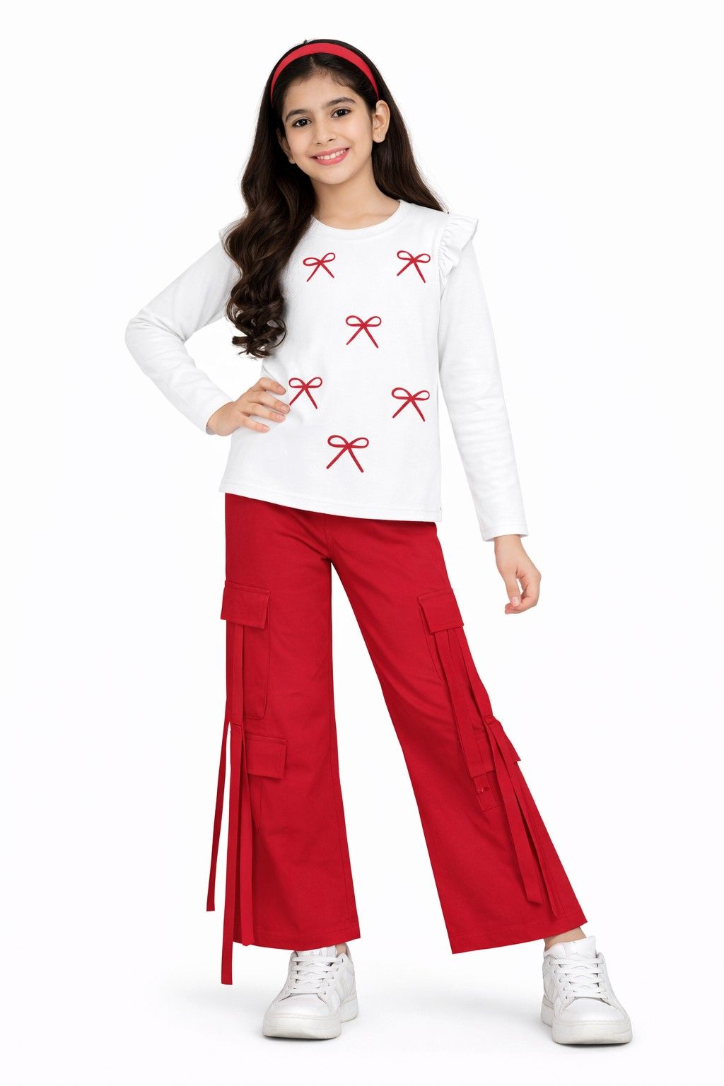 Little Red Ribbons  Bow Full sleeves Tee &amp; Cargo Terry Trouser - White &amp; Red