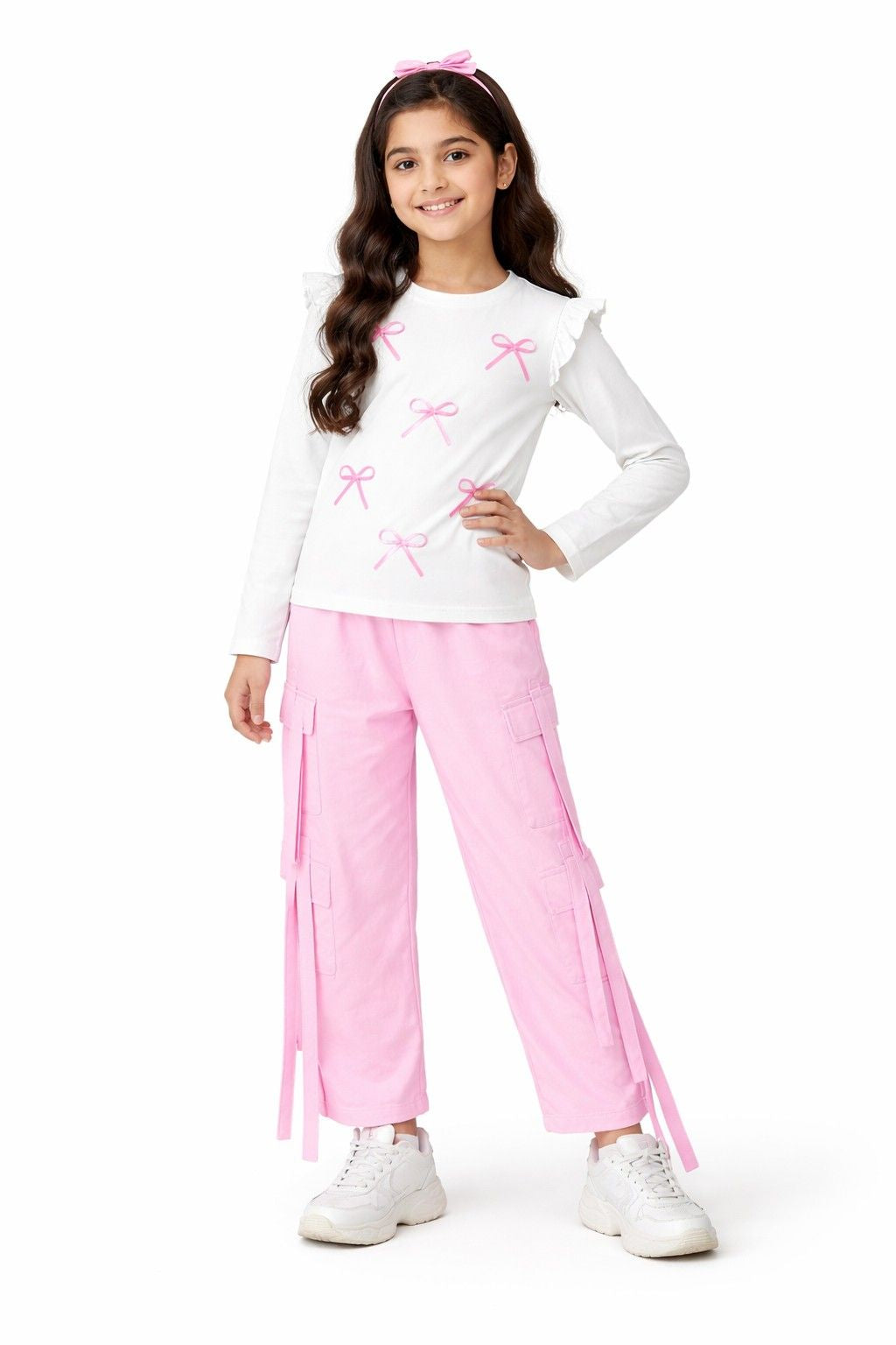 Little Red Ribbons  Bow Full sleeves Tee &amp; Cargo Terry Trouser - White &amp; Baby Pink
