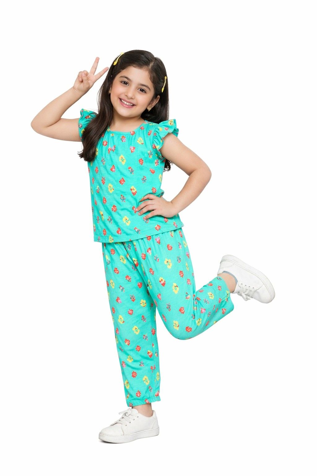 Baby Flowers Frill Stylish Cotton Top & Trouser - Sea Green