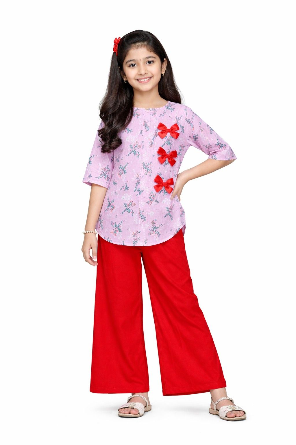 Candy Floral  Pleatts Top With Flapper Trouser – Soft Purple &amp; Red