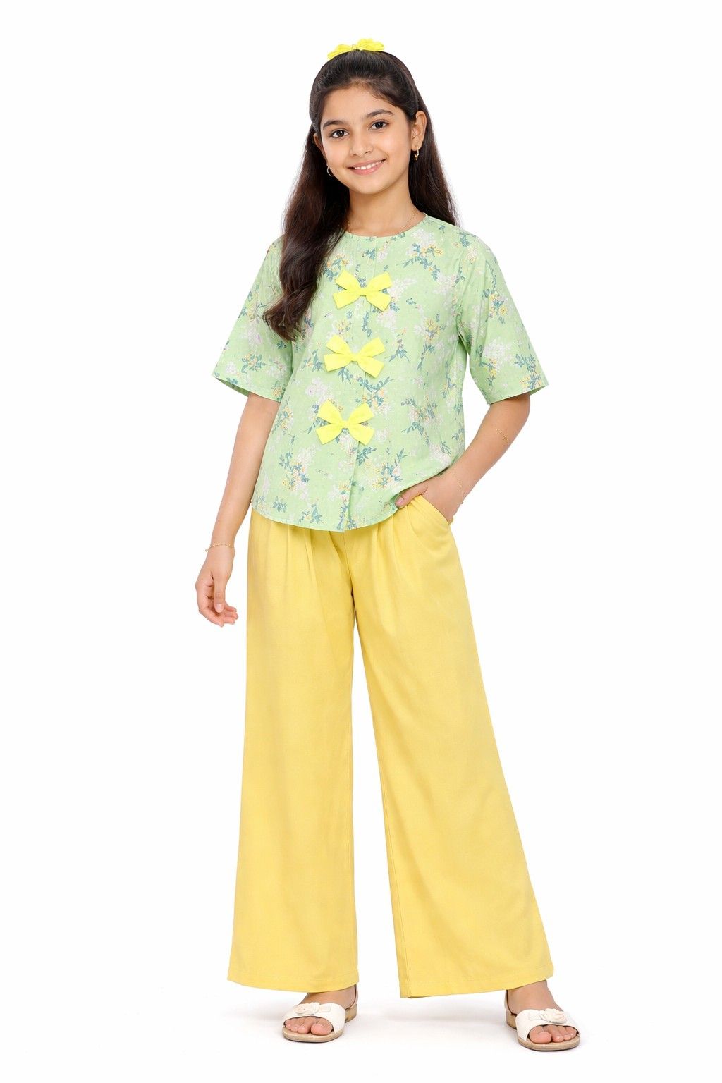 Breeze Flowers Pleatts Top With Flapper Trouser -Pistachio Green Lime Yellow