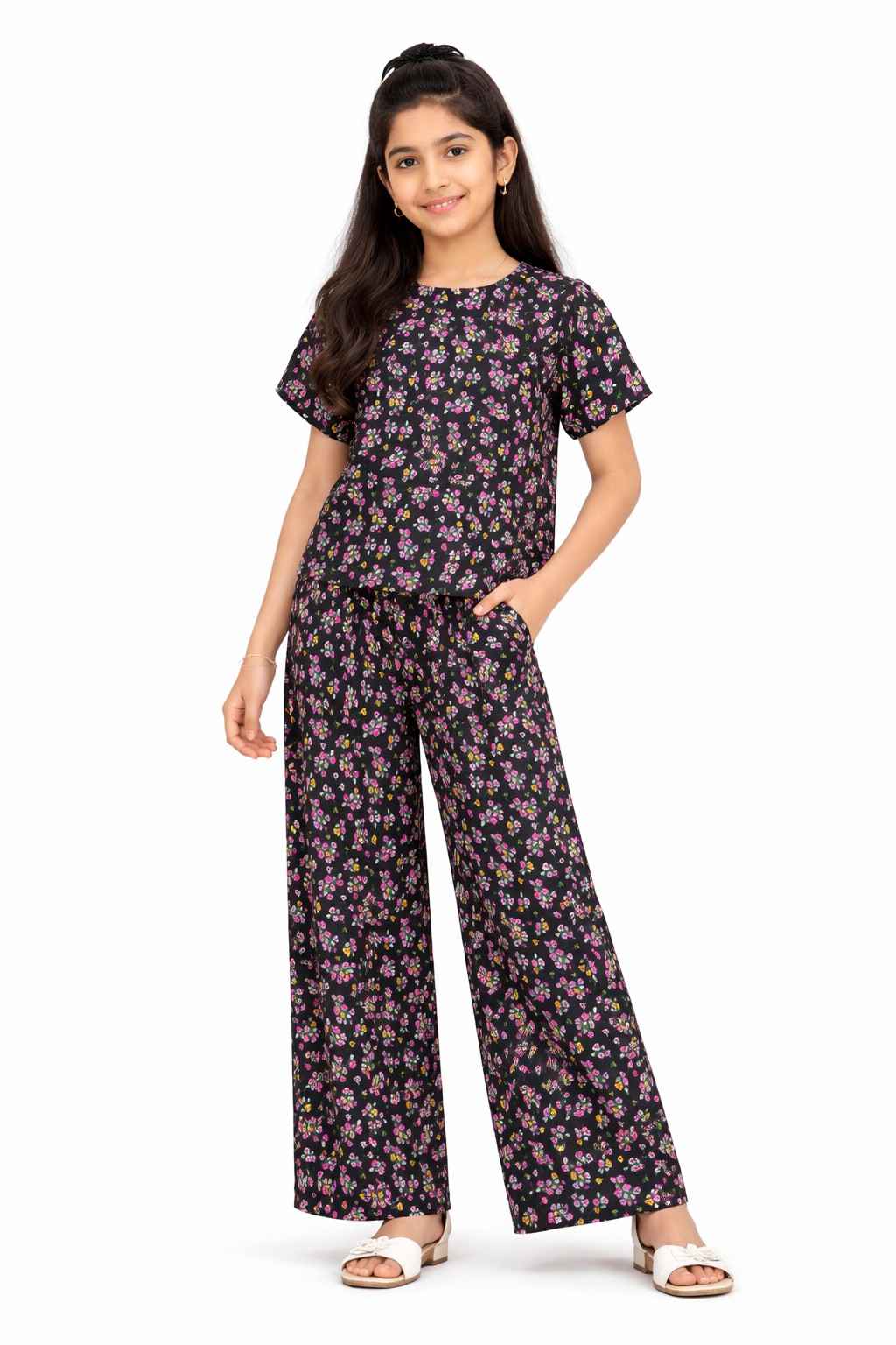 Multicolor Floral Short Puff Sleeves Cotton Fabric Top & Flare Trouser -Black