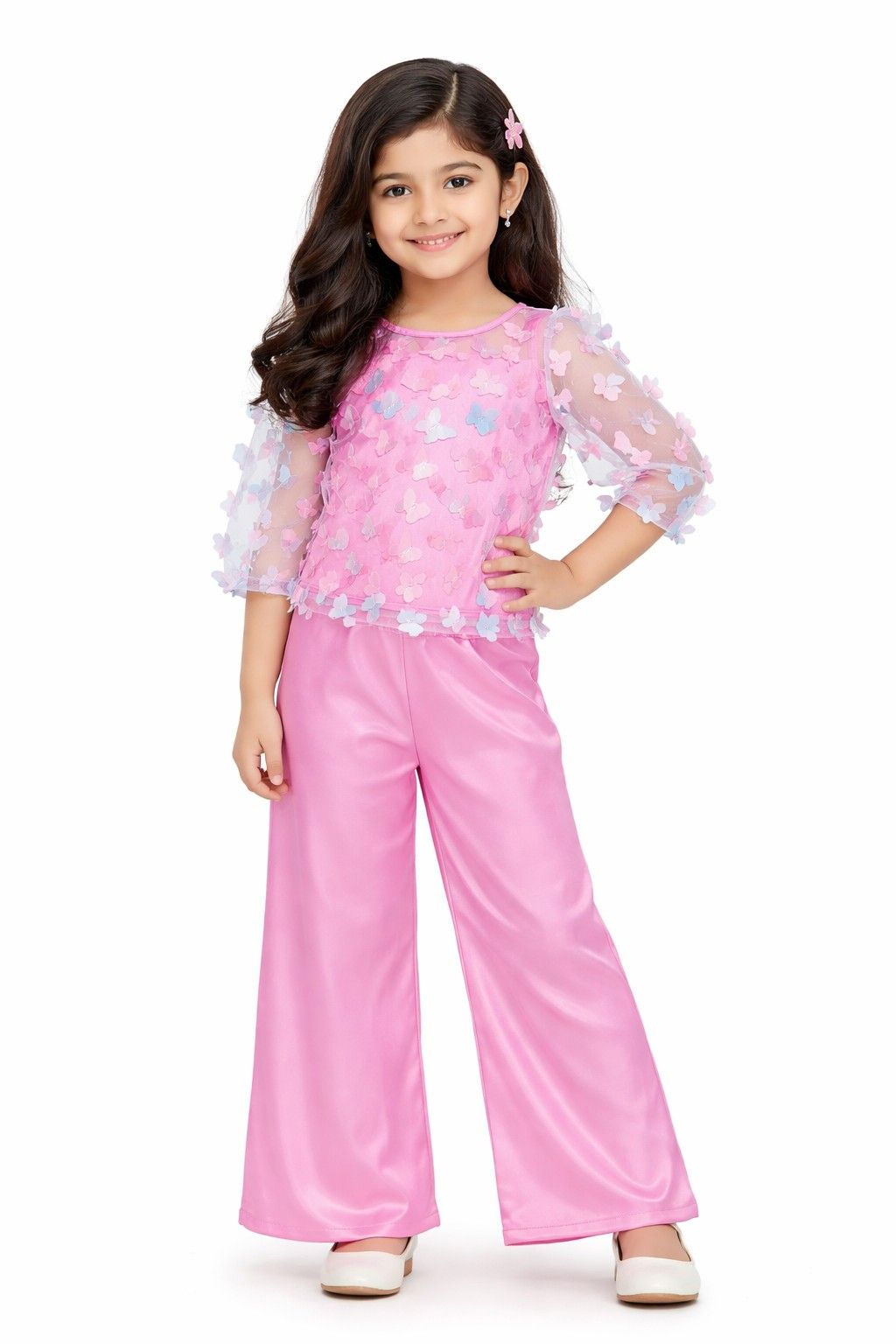 3D Multi Butterflies Net Western Top with Satan Silk Flapper Trouser - Pink