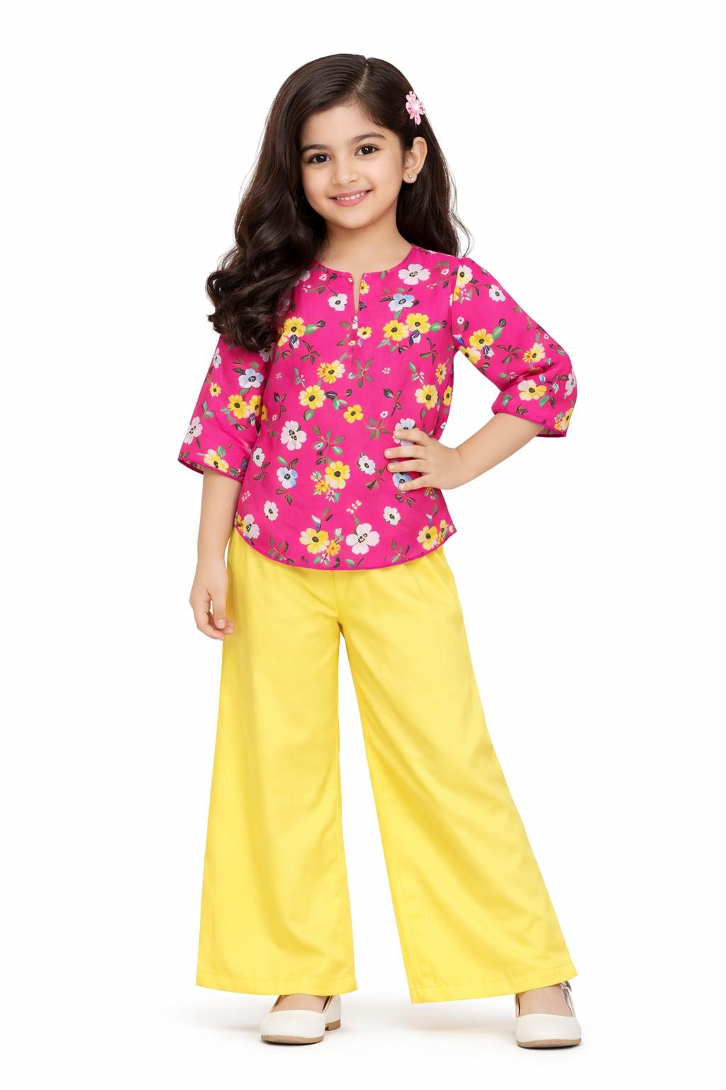 Tropical Yellow White Flowers Pleatts Cotton Top & Flopper Trouser - Shocking Pink & Lime Yellow