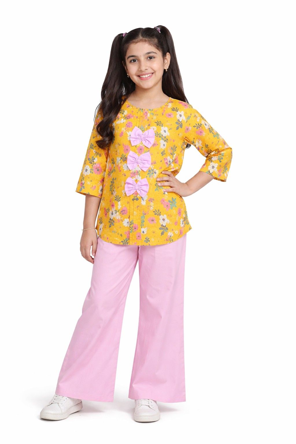 Flowers Bliss Pleatts Cotton Top &amp; Flapper Trouser - Mustard &amp; Baby Pink