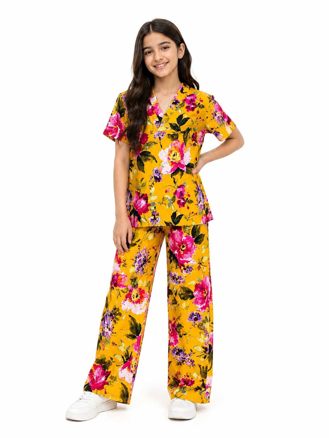 V Neck Flowers Printed Cotton Top & Flapper Trouser - Yellow