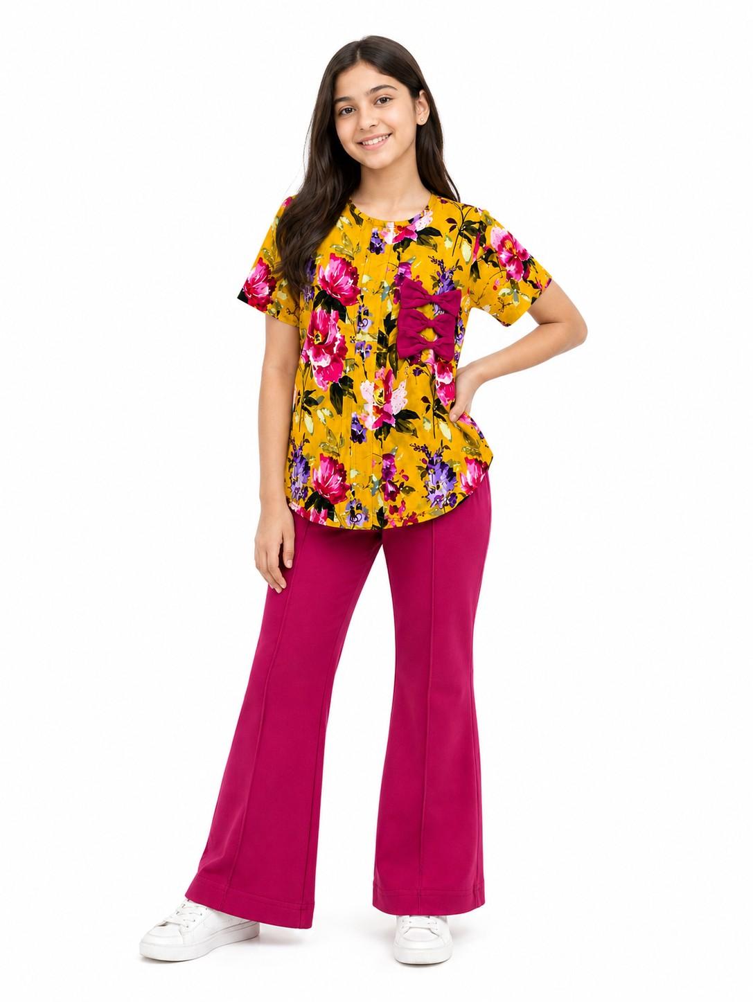 Pink Bow Flower Print Cotton Top & Flapper Trouser - Yellow & Shocking Pink