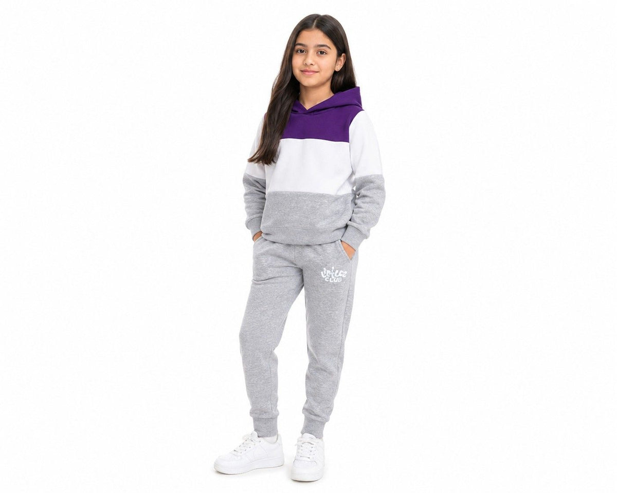 Warm with Littlez Club Pennal Hoodie Tracksuit -Purple White Grey