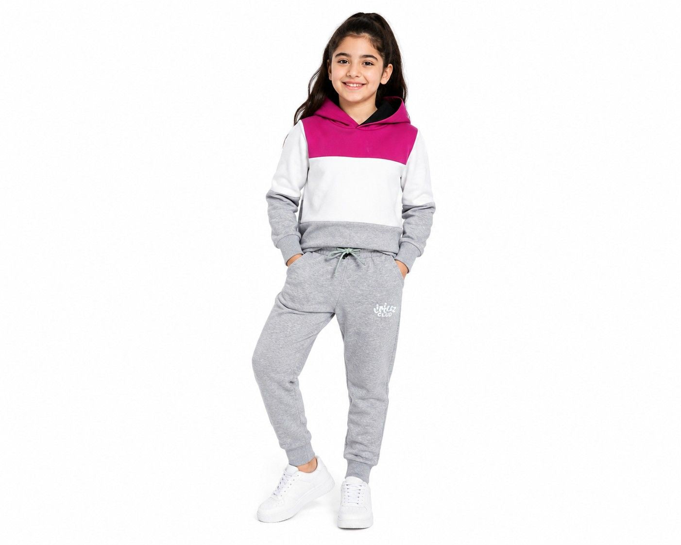 Warm with Littlez Club Pennal Hoodie Tracksuit -Shocking Pink Whute Grey