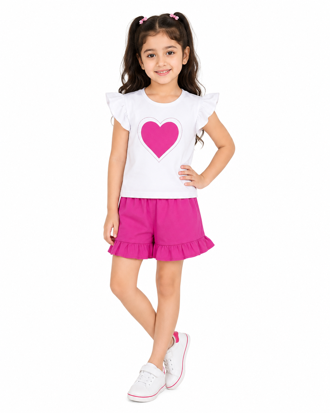 Beautifull Hearts Frill Tee Shirt & Frill Hem Short -White Maganta