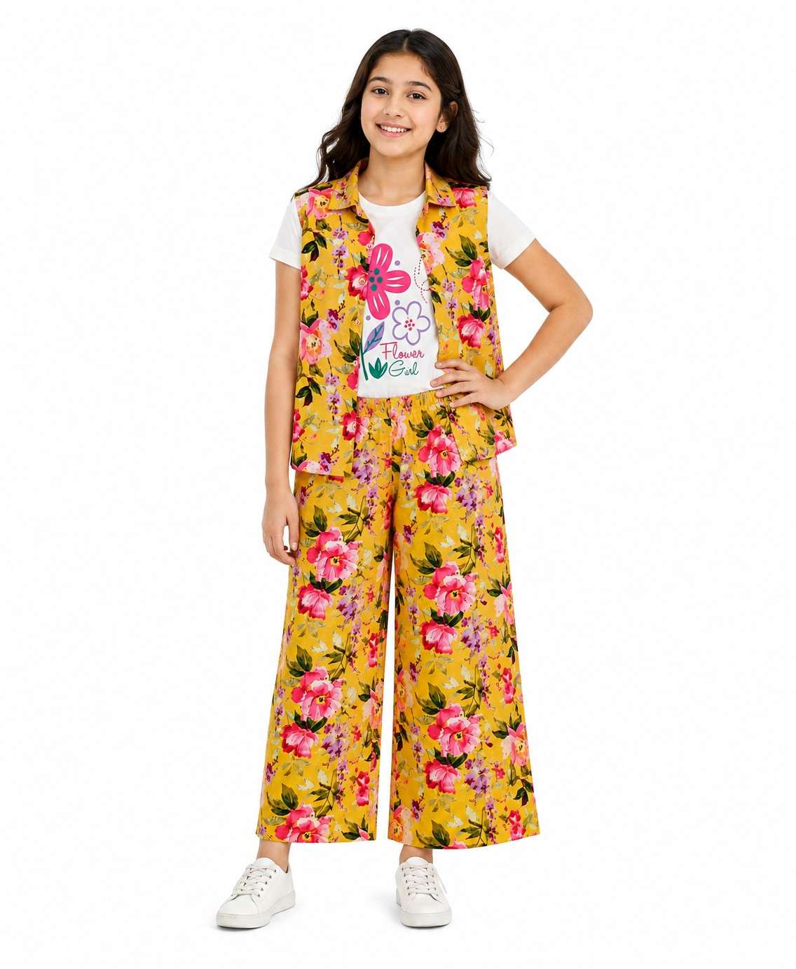 Sun Flower Girl Printed Tee Shirt Sleeveless Inner & Flapper Trouser - Yellow