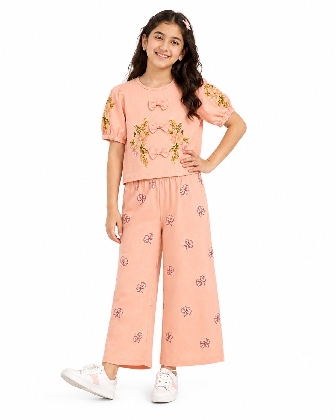 Puff Sleeve With Cute Bow Shirt & Flapper Trouser - Peach