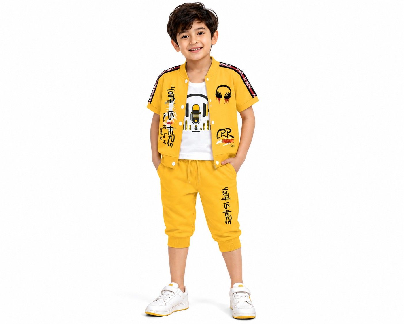Youth is Hero Bomber Half Sleeve Jacket Sando Inner & Three Quater Shorts - Yellow & White