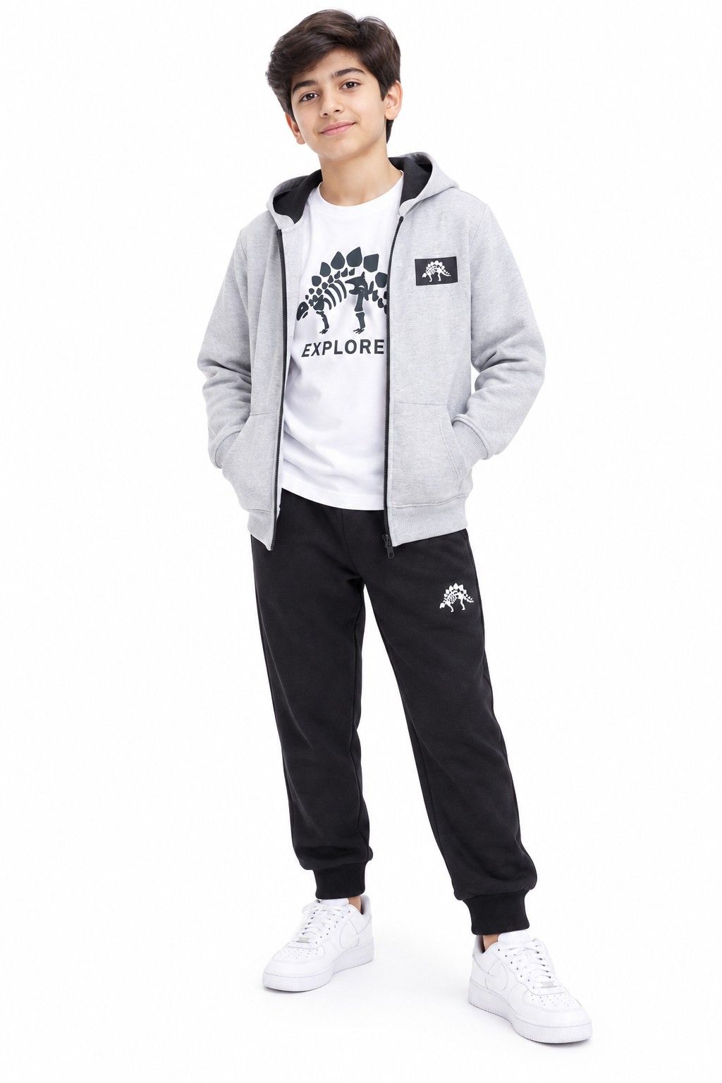 The Dinosaur Explore Printed Inner Shirt Zipper Hood & Trouser - Grey & Black