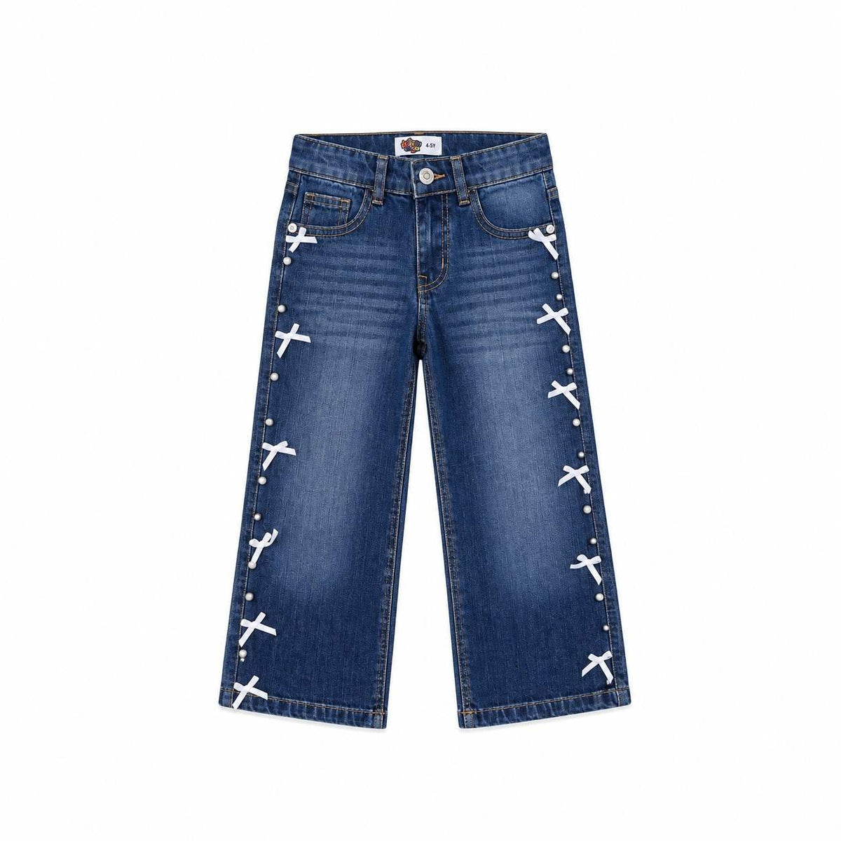 Pearls With Cute Bow Denim Pant - Mid Blue