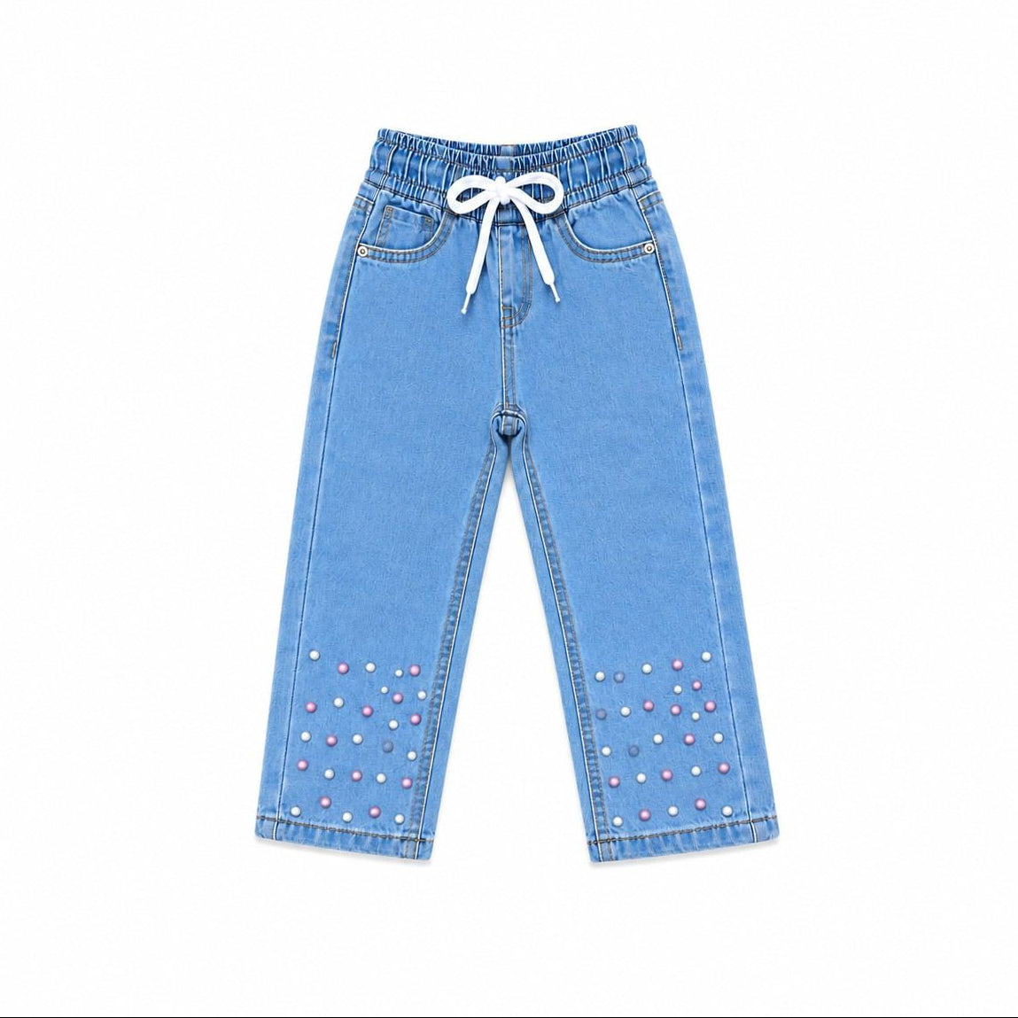 Cute Girls Pink & Whte Pearls Denim Pent - Light Blue