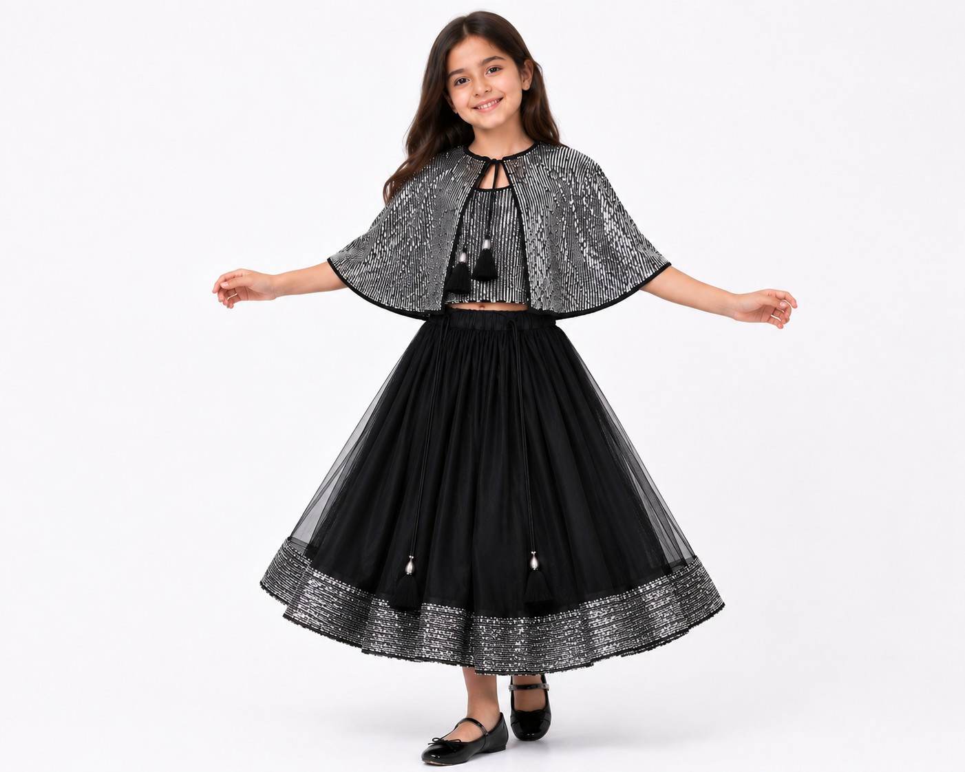 Silver Sequence Lehenga With Top & Net Collar - Silver & Black