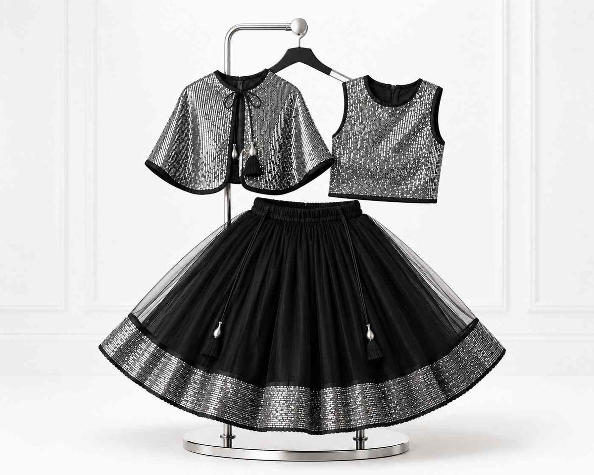 Silver Sequence Lehenga With Top & Net Collar - Silver & Black