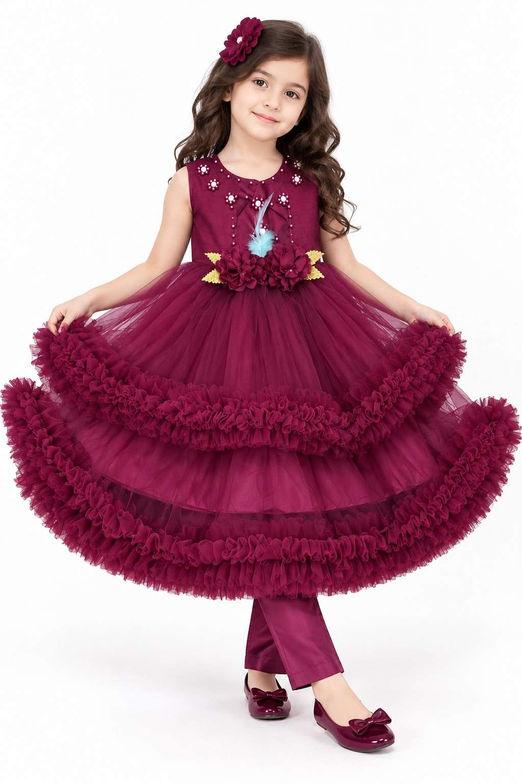 Princess Fairy Frock Front Flower Motive Maroon