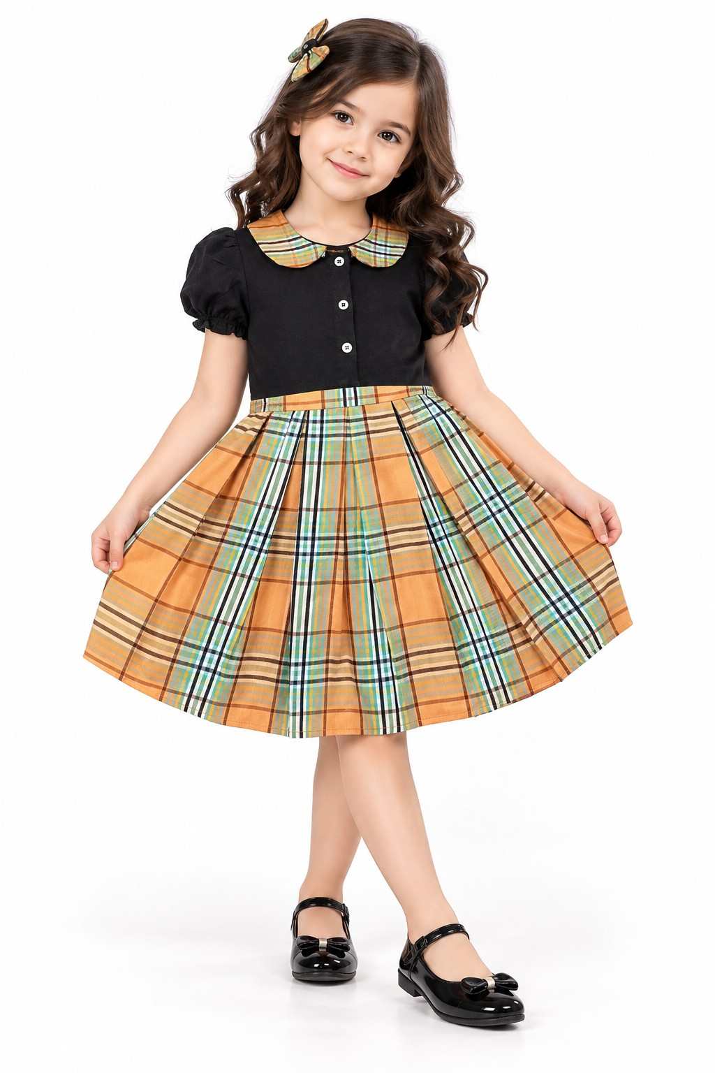 Yellow  Checked Puff Sleeve Stylish Coller Top And Frock - Black & Yellow