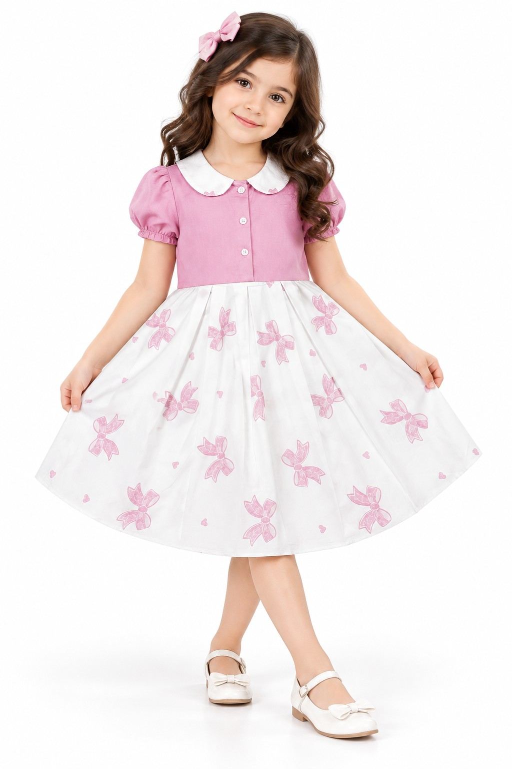 Pink Bow Puff Sleeve Top And Frock - Pink & White
