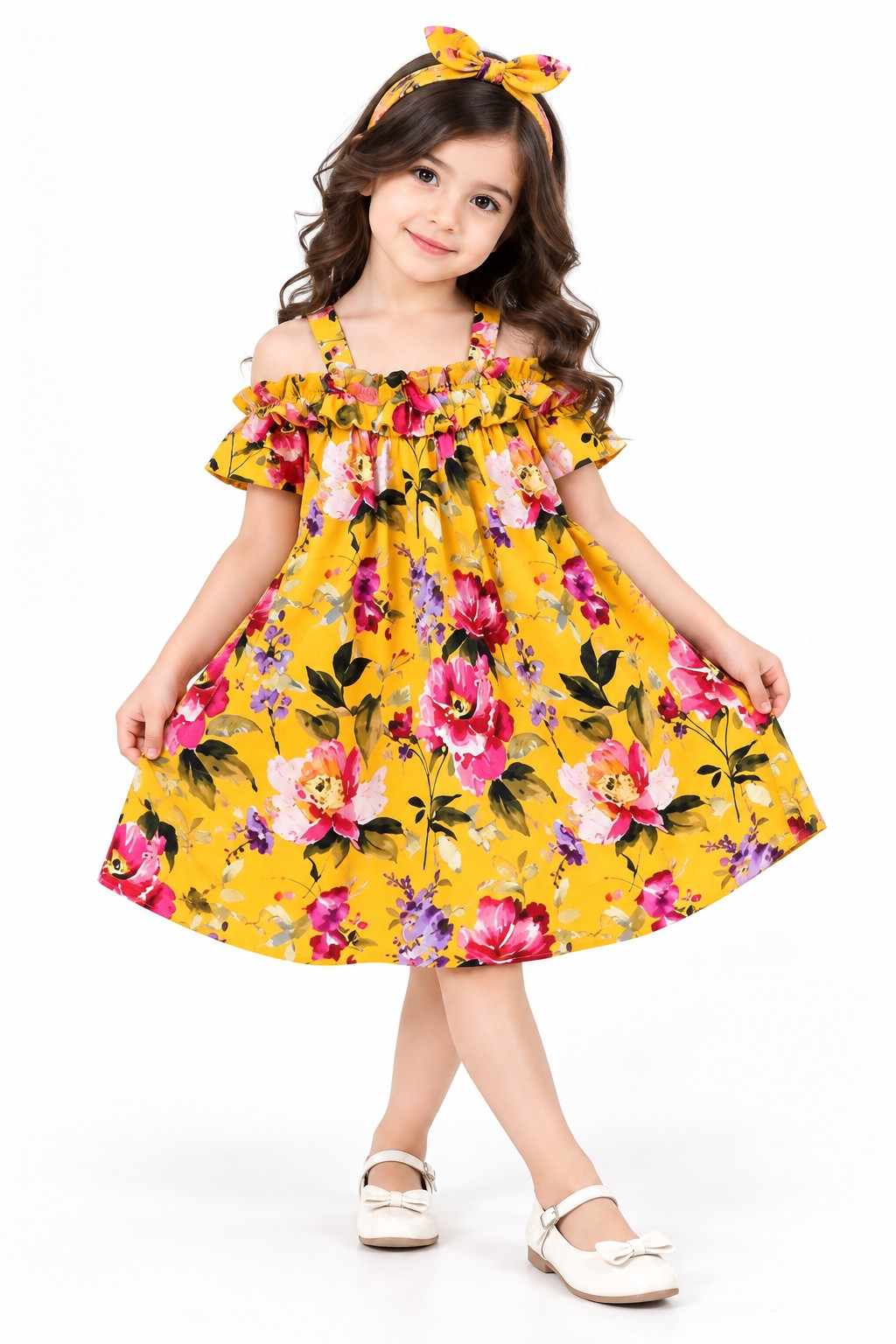 Pink Rose Printed Frock With Hairband - Yellow