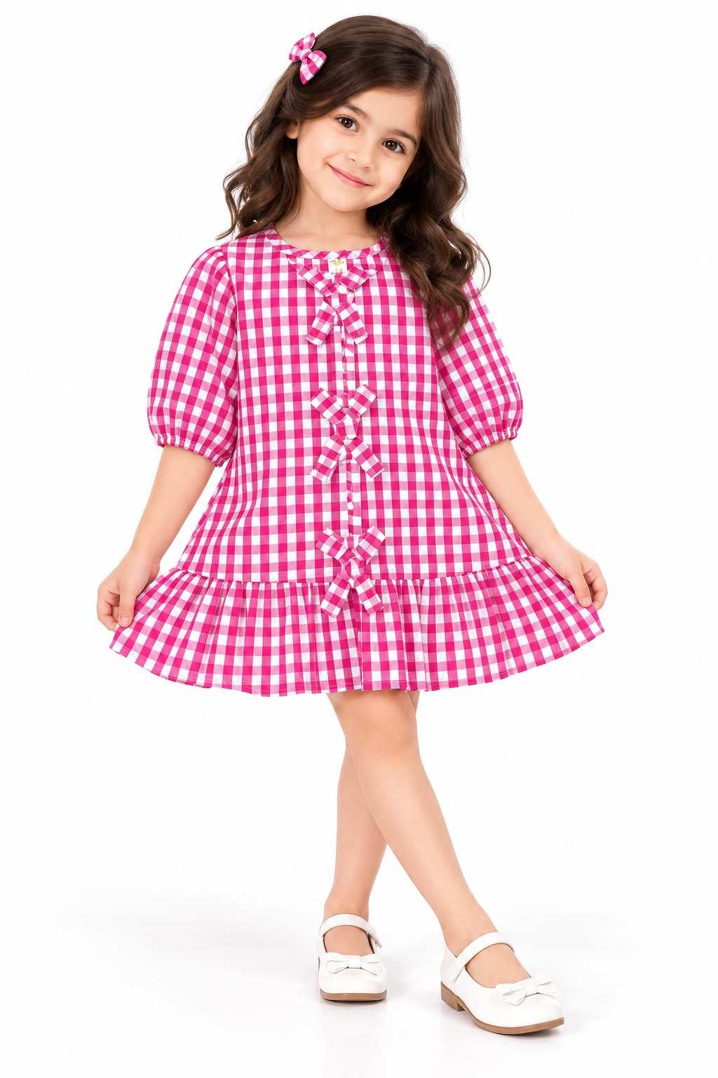White Checked With Bow Puff Sleeve Frock - Pink