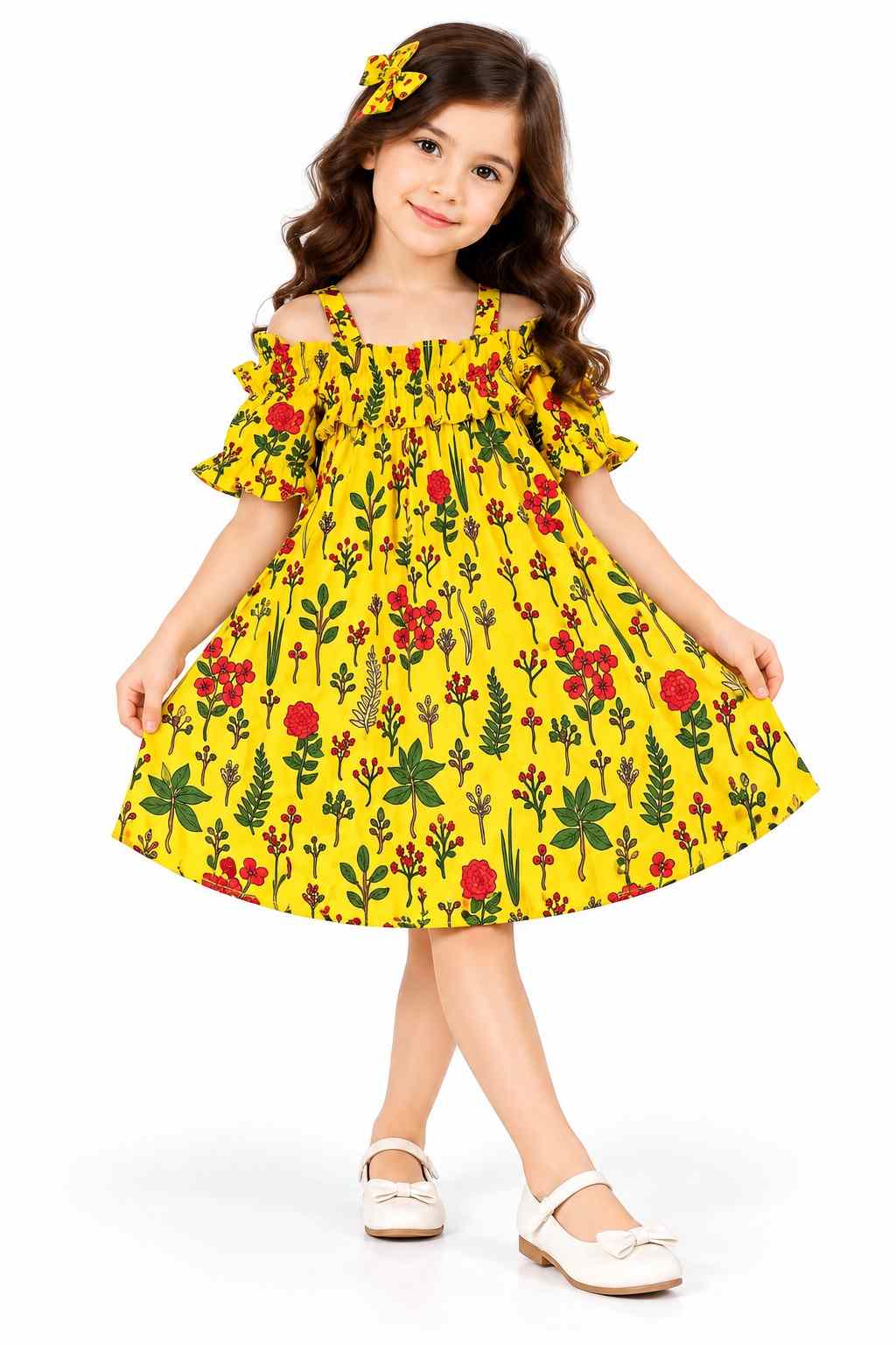 Flowers Garden Puff Sleeves Frill Neck Style Short Cotton Frock -Yellow
