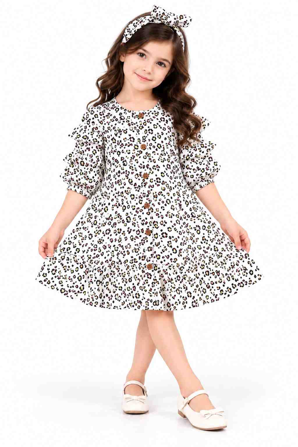 Leopard Print Frill Sleeves With Hairband Cotton Frock - White