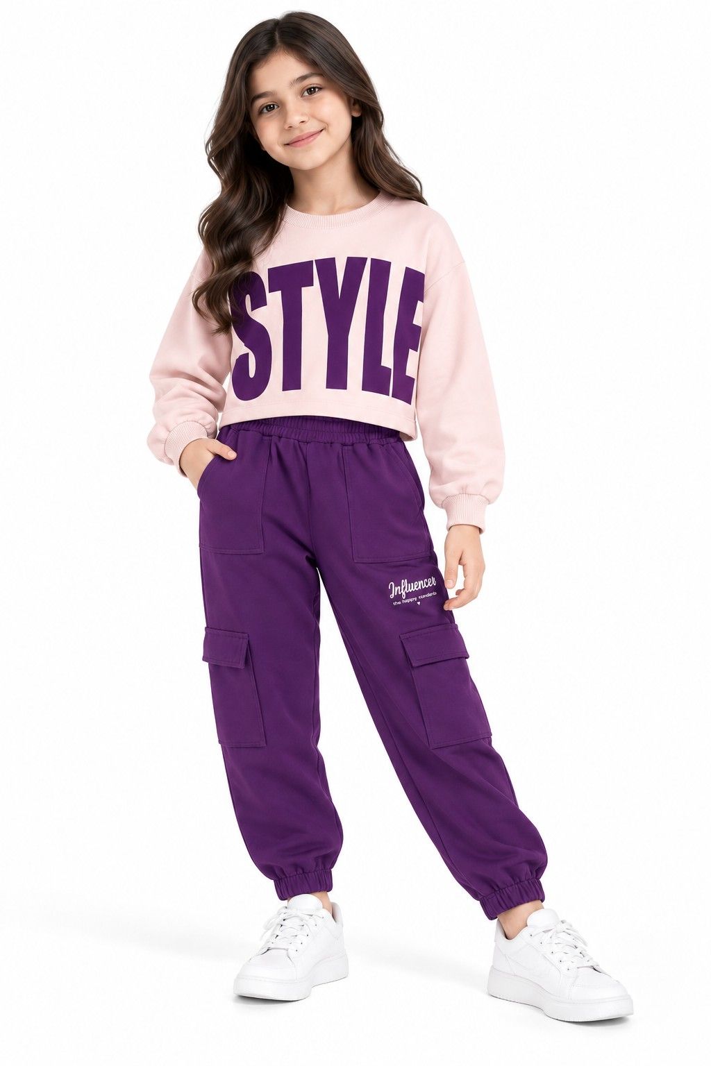Influncer Style Short SweatShirt &amp; Pockets Style Trouser -Baby Pink &amp; Maganta
