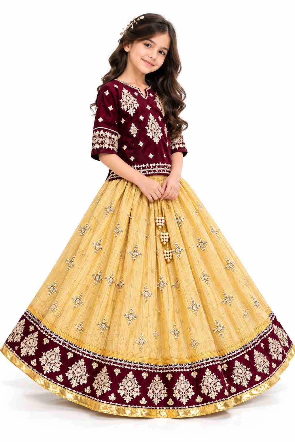 Traditional Golden Embroidered Top & Lehenga - Golden & Maroon