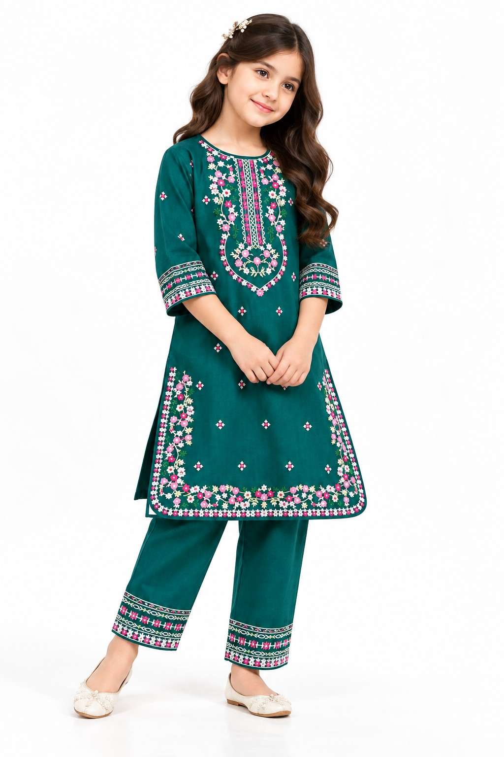 Desi Elegance Floral Khaddar 2-Piece Set - Dark Green