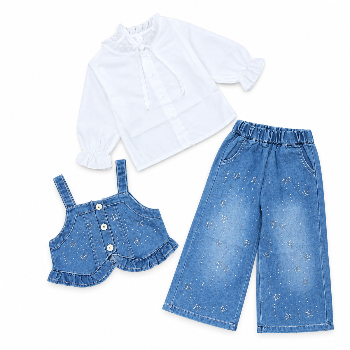 Sequins Work Stylish Girls Denim Waistcoat & Wide-Leg Pant - White & Blue