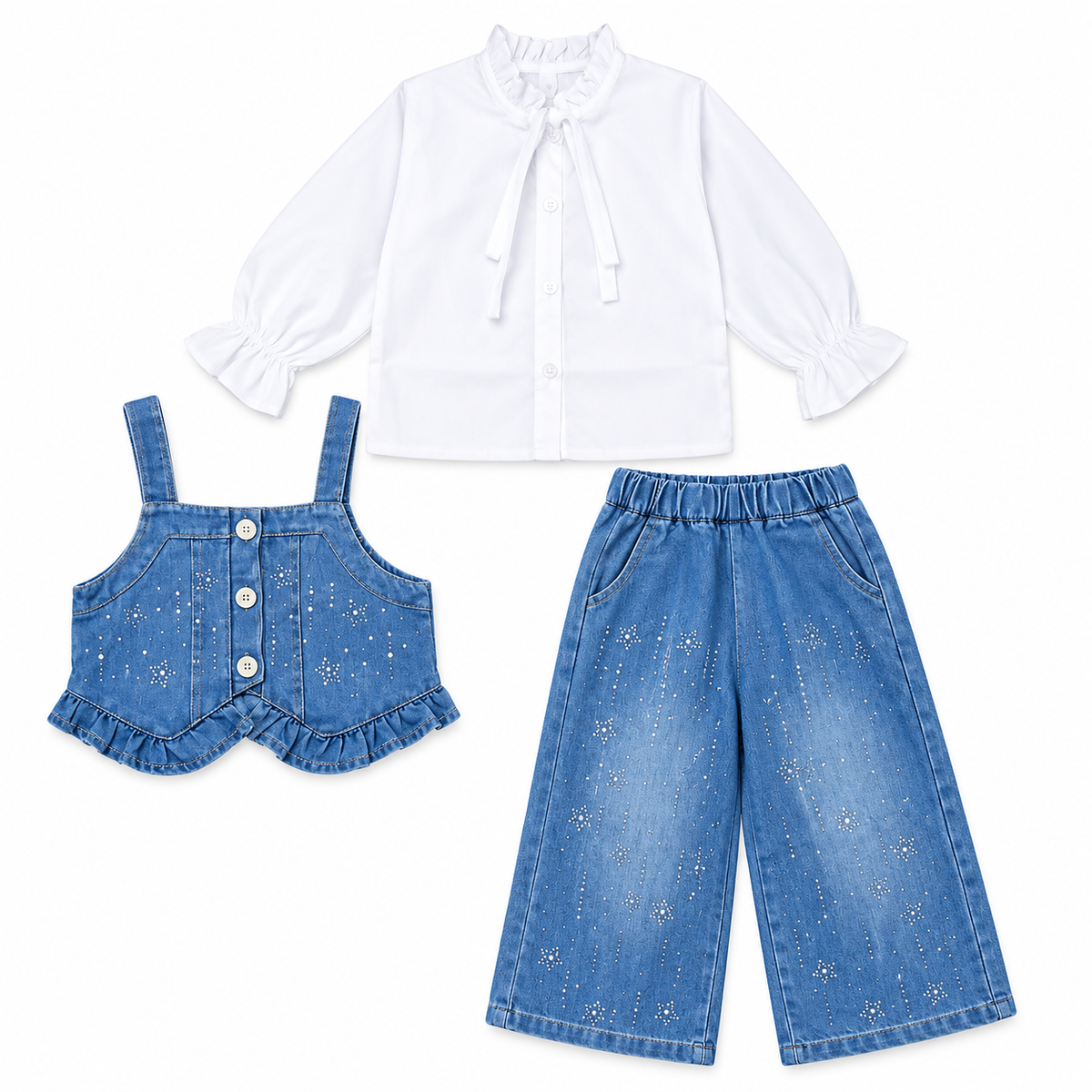 Sequins Work Stylish Girls Denim Waistcoat & Wide-Leg Pant - White & Blue