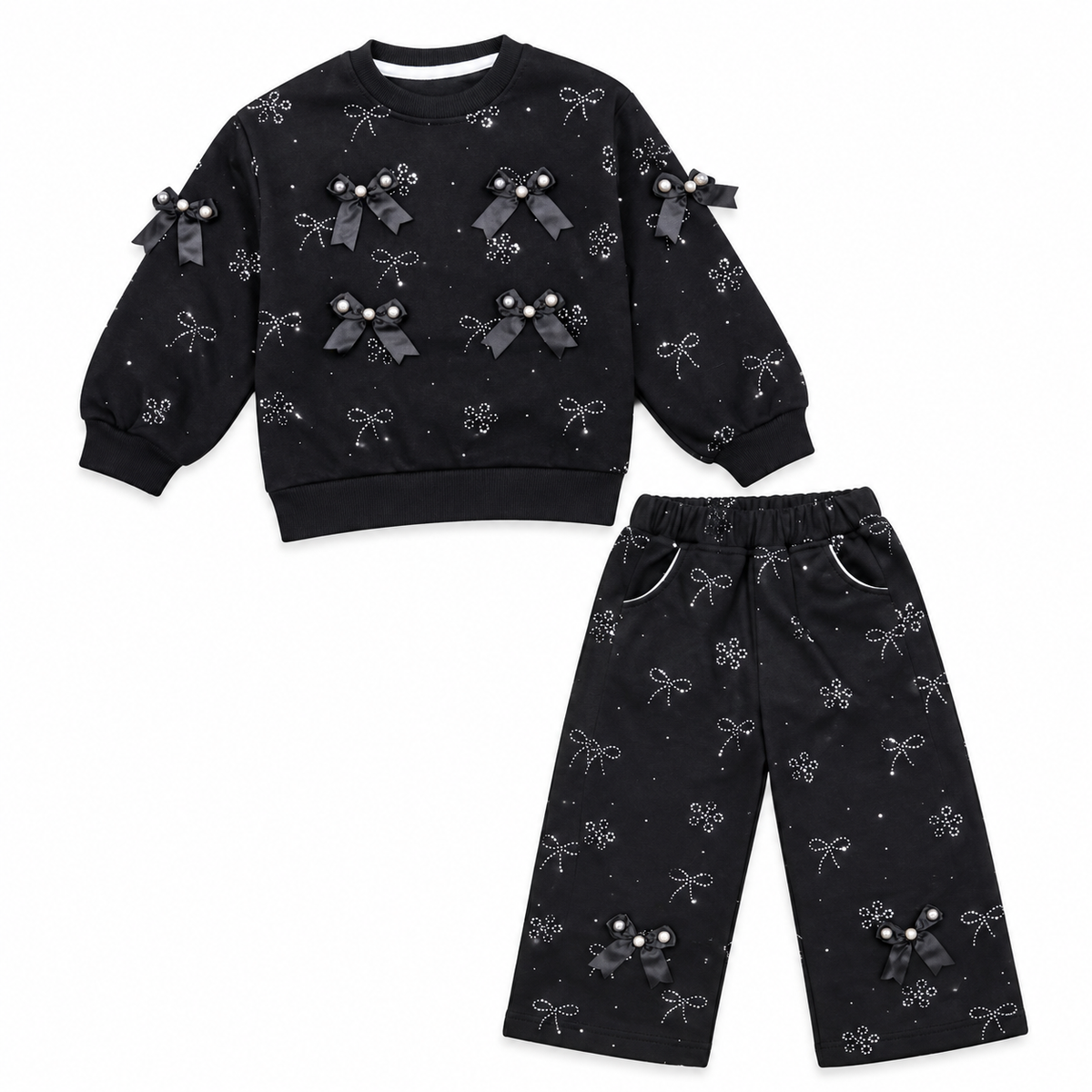 Trendy Black Bow & Pearl Sparkle 2-Piece Fleece Tracksuit - Black
