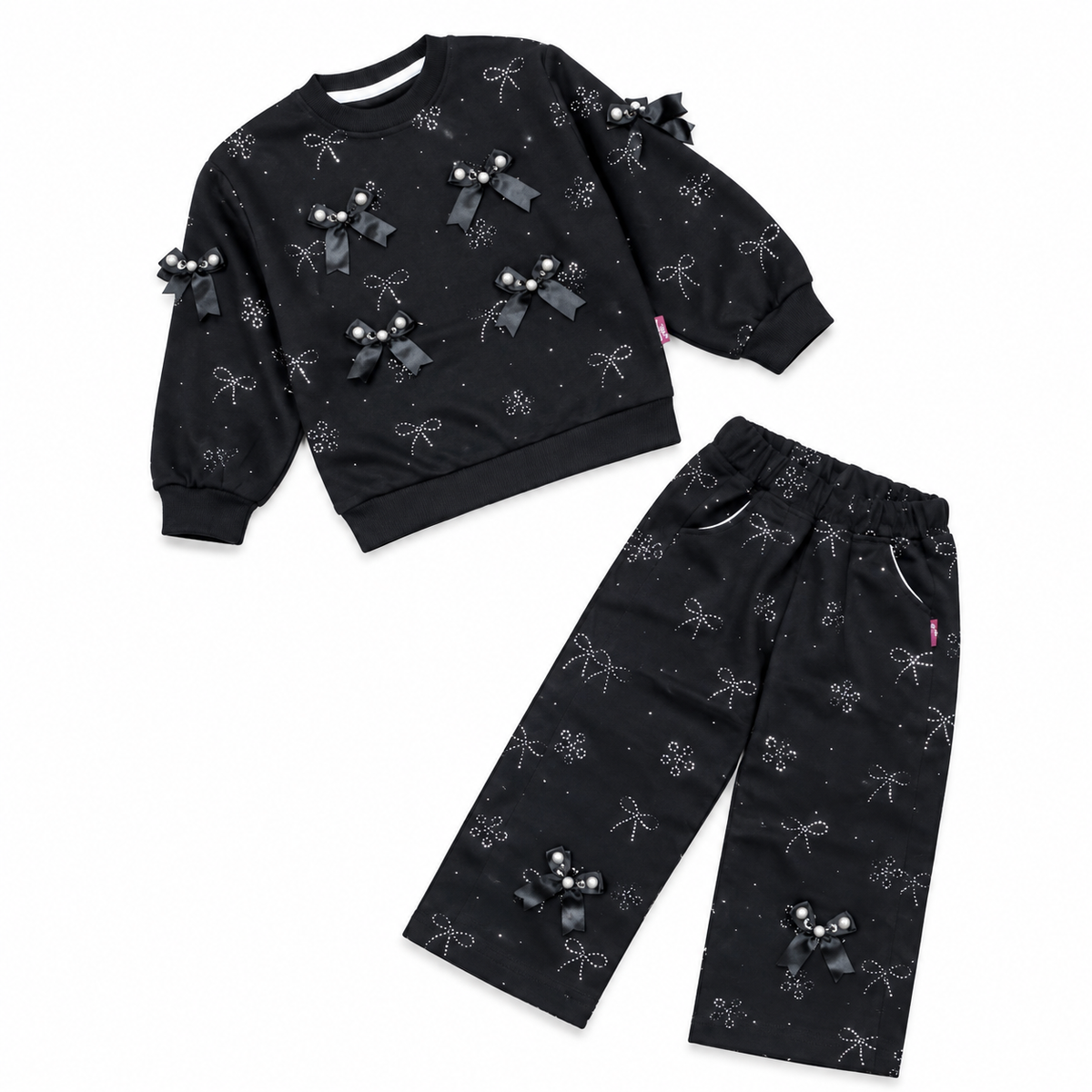 Trendy Black Bow & Pearl Sparkle 2-Piece Fleece Tracksuit - Black