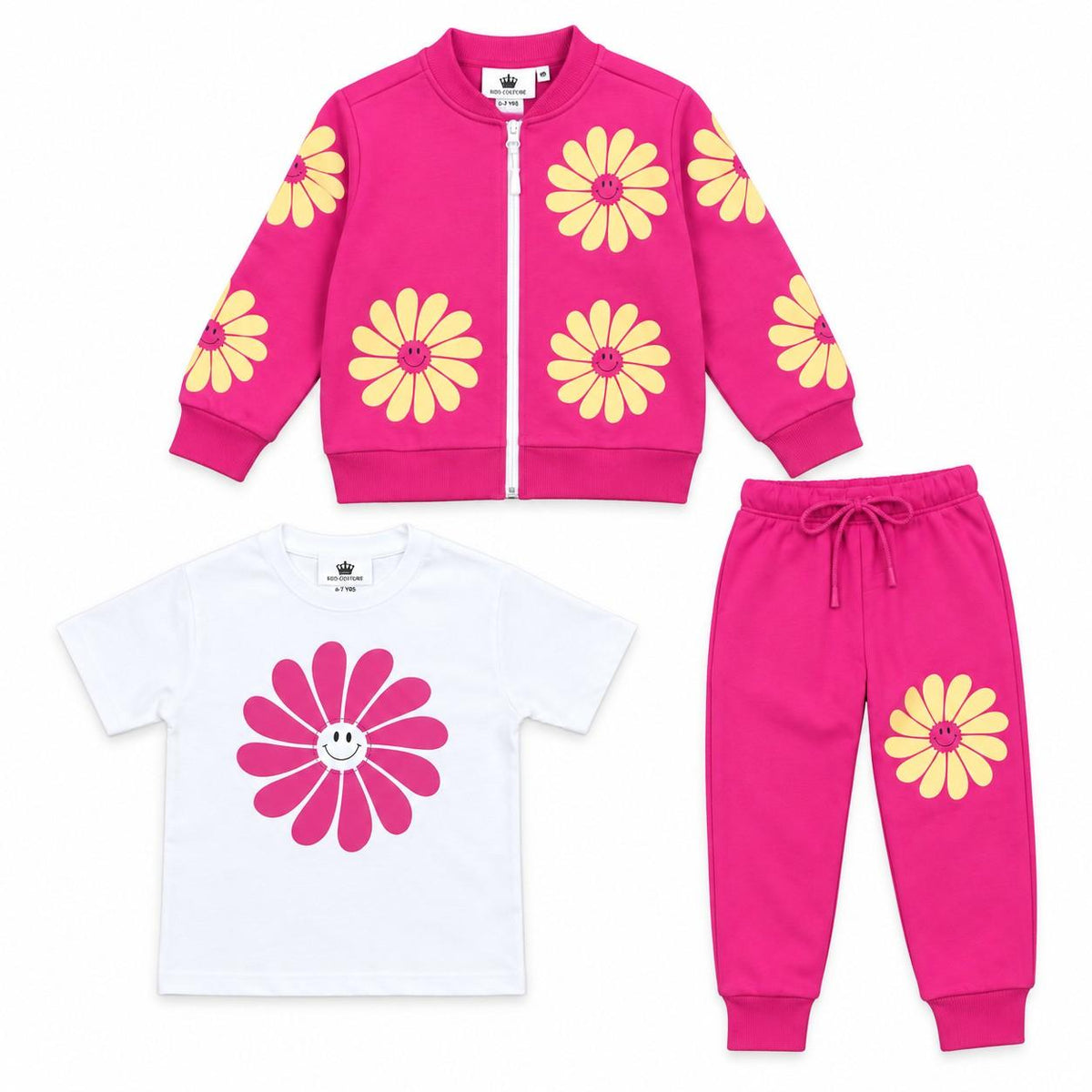 Yellow & Pink Smiley Flower 3-Piece Fleece Tracksuit - Pink