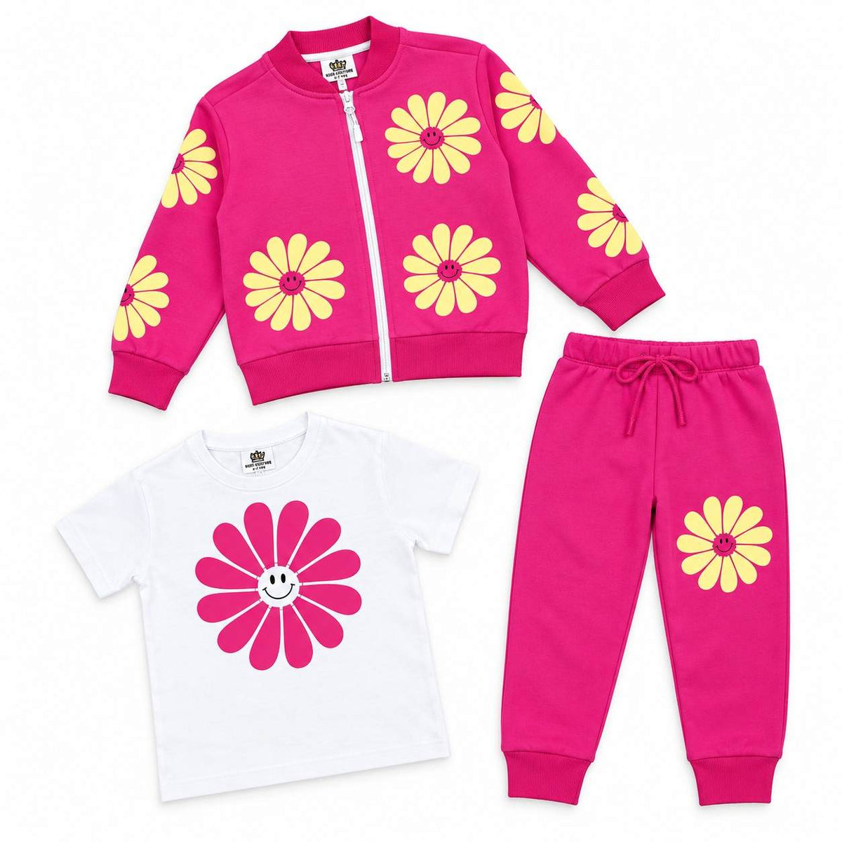 Yellow & Pink Smiley Flower 3-Piece Fleece Tracksuit - Pink