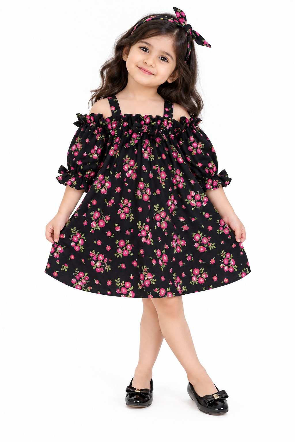 Pink Rose Printed Frock With Hairband - Black